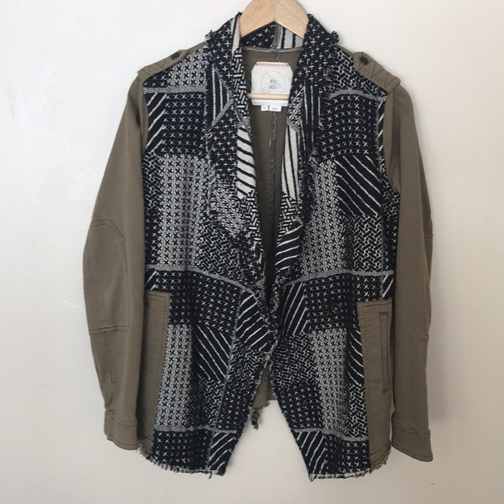 Hei Hei Women's XS Utility Jacket Olive Green Patchwork Open Front‎ Boho Draped